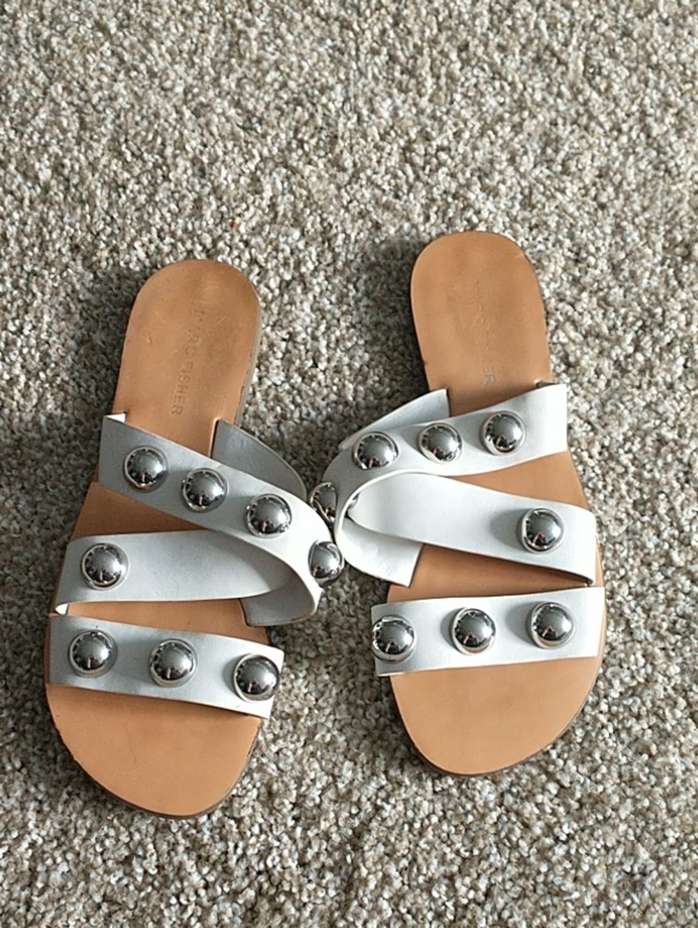 Marc Fisher White Stud-Embellished Leather Slide Sandals